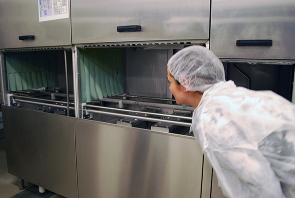 Bild på livsmedelsinspektör som kontrollerar att diskmaskinen är ren.