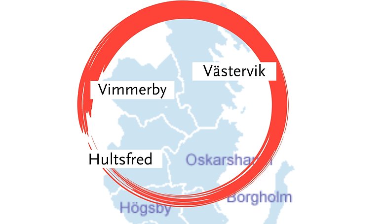 Karta över samverkanskommunerna Vimmerby, Västervik och Hultsfred